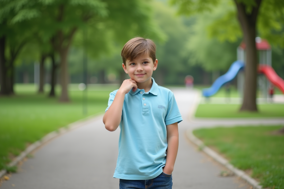 Jeune garçon se grattant le cou dans un parc en plein air