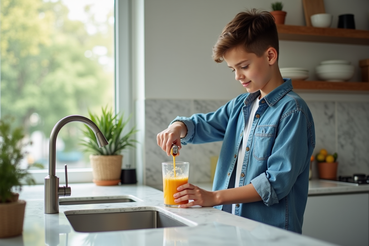 Adolescent versant un smoothie aux fruits dans un verre