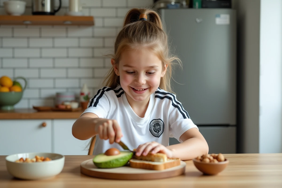 Jeune sportive préparant une collation équilibrée pour prévenir les douleurs liées à la maladie de Sever