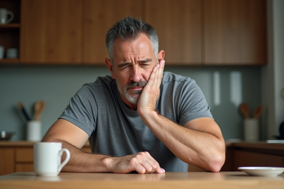 Homme adulte souffrant d'une douleur dentaire à la mâchoire assis à la table de cuisine, dents de sagesse douloureuses