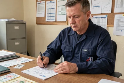 Agent logistique signant un bon de transport cerfa sur un bureau administratif