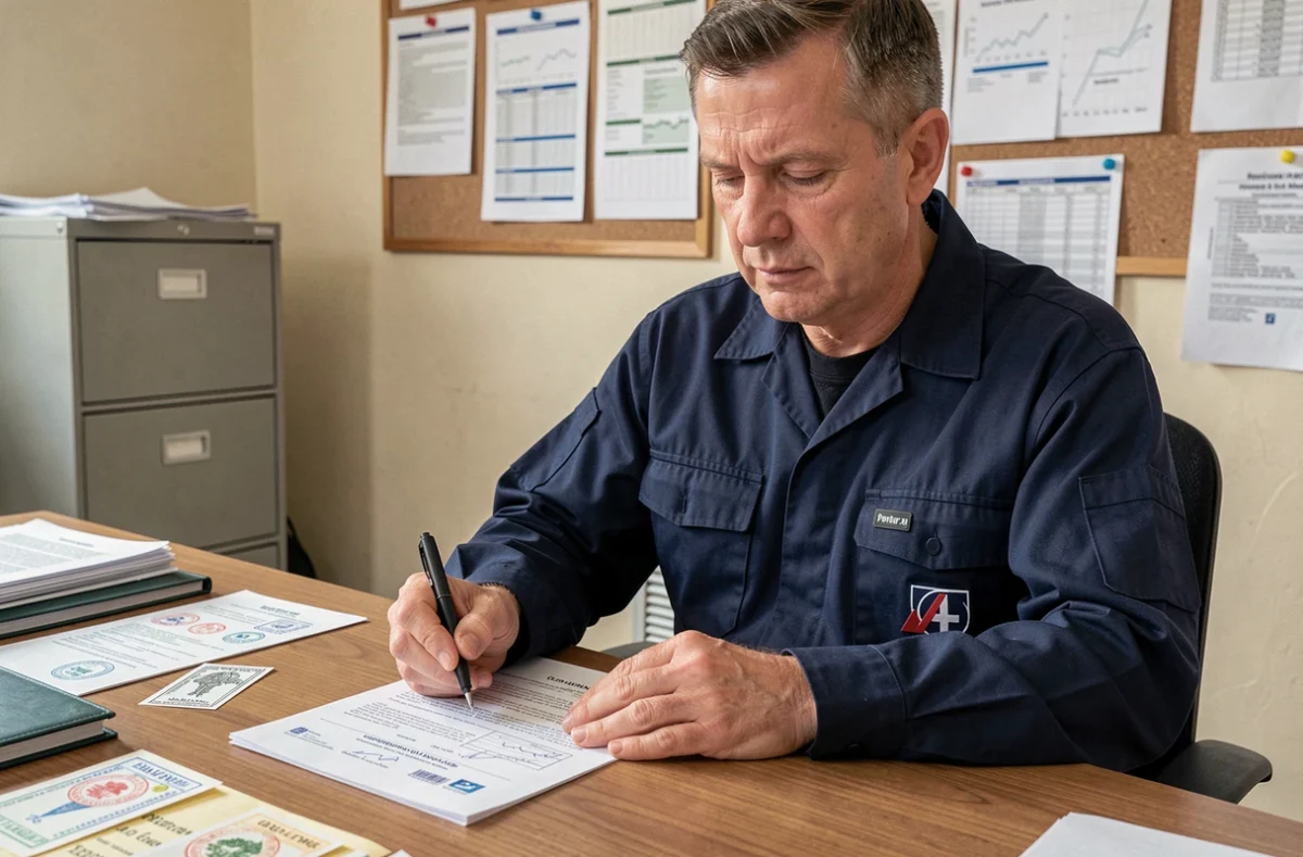 Agent logistique signant un bon de transport cerfa sur un bureau administratif