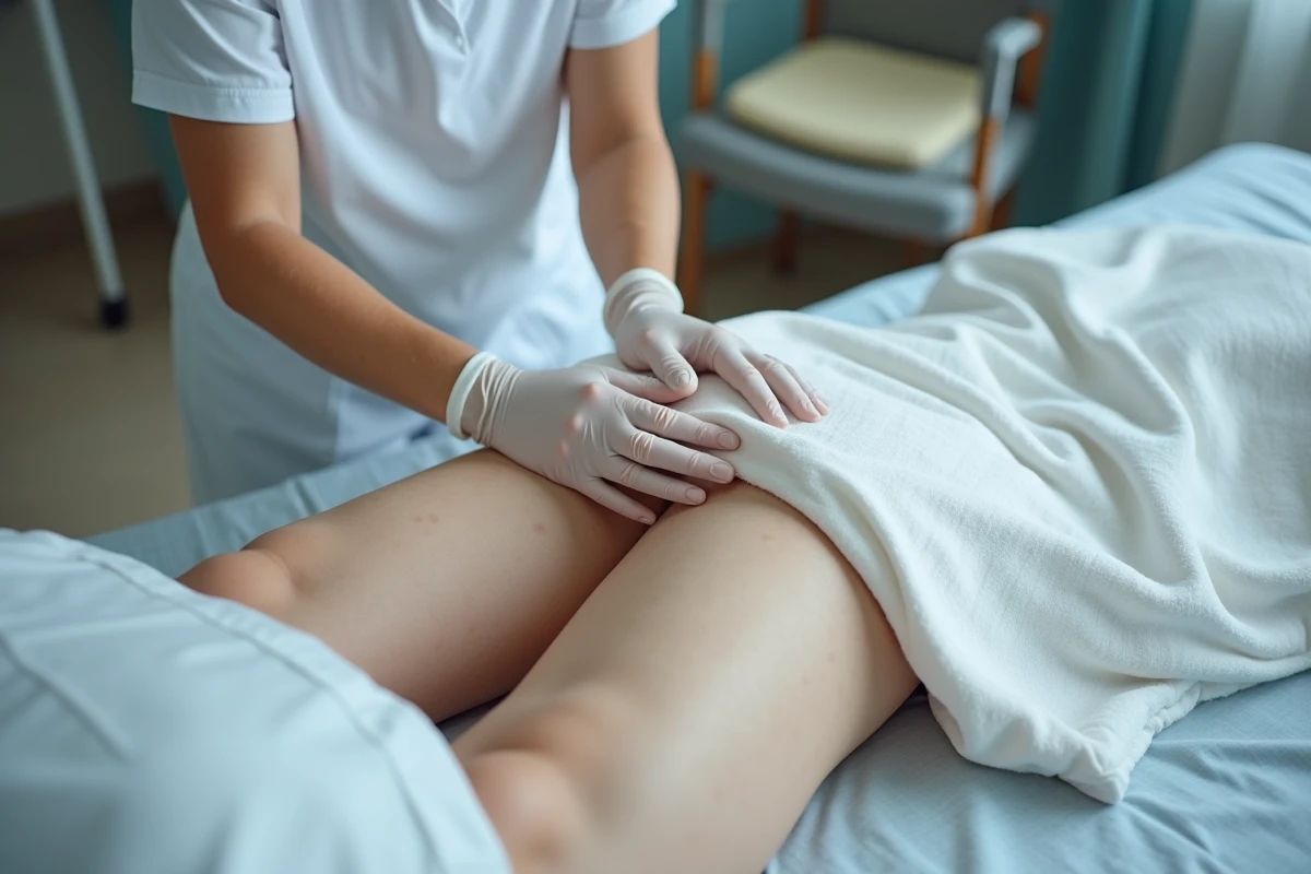 Aide-soignante &eacute;valuant une rougeur cutan&eacute;e au niveau du coccyx d'un patient &acirc;g&eacute; allong&eacute; sur le c&ocirc;t&eacute; dans un Ehpad