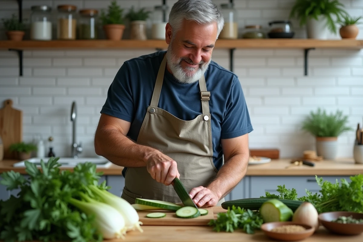 Homme préparant des légumes frais adaptés à un régime anti-reflux dans une cuisine moderne