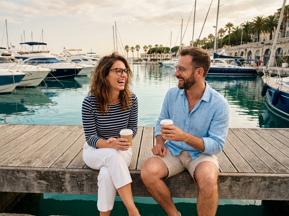 Deux amis portant des lunettes tendance assis sur le quai d'un port de plaisance à Cannes en train de rire ensemble