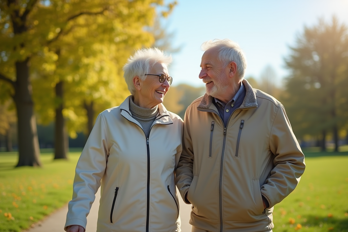 Deux amis âgés se promenant dans un parc ensoleille