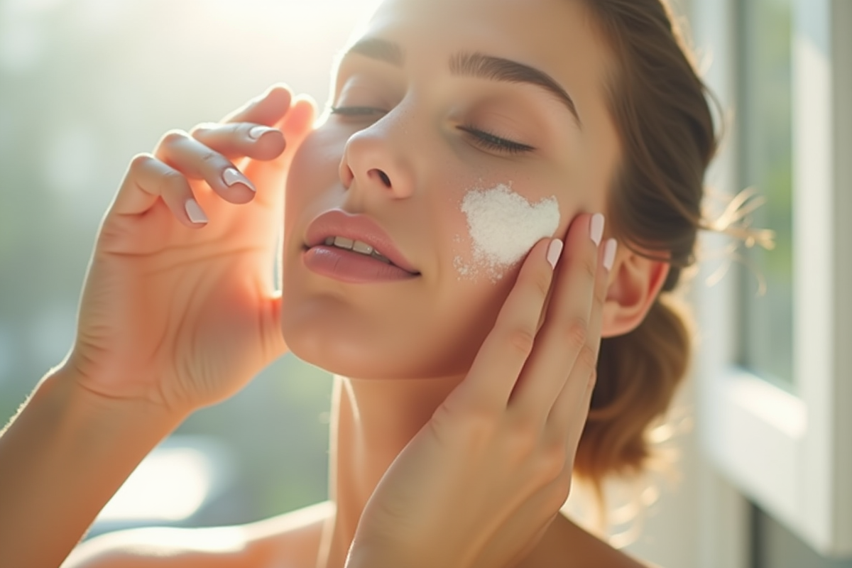 Mains appliquant une creme hydratante sur un visage sain