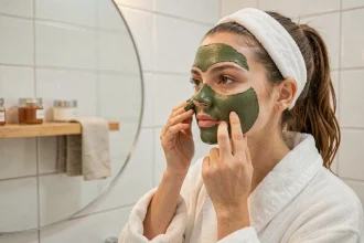 Femme appliquant un emplâtre d'argile verte sur le visage dans une salle de bain minimaliste