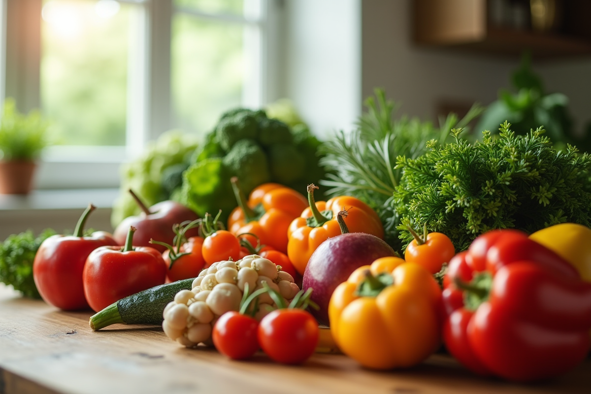 Assortiment de fruits et légumes bio frais sur une table en bois