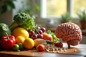 Assortiment coloré de fruits et légumes avec cerveau en bois
