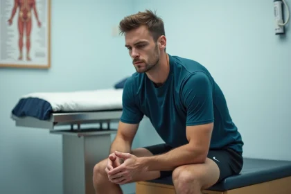 Athlète masculin fatigué assis dans une salle d'examen médical avec des tubes d'analyses sanguines visibles, illustrant le lien entre sport intensif et dosage des D-dimères