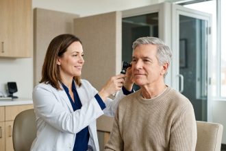Audiologiste examinant l'oreille d'un patient lors d'un premier bilan auditif en cabinet médical