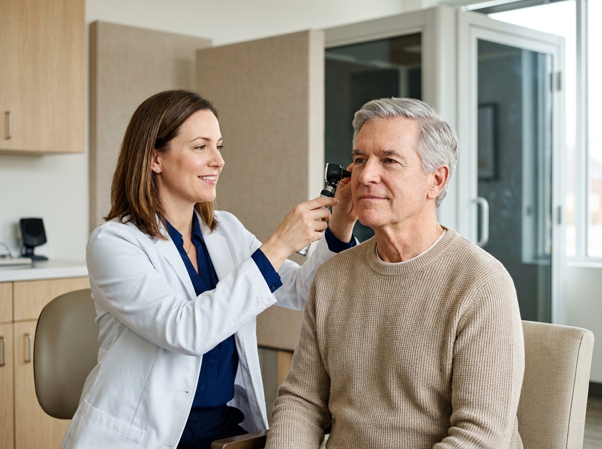Audiologiste examinant l'oreille d'un patient lors d'un premier bilan auditif en cabinet médical