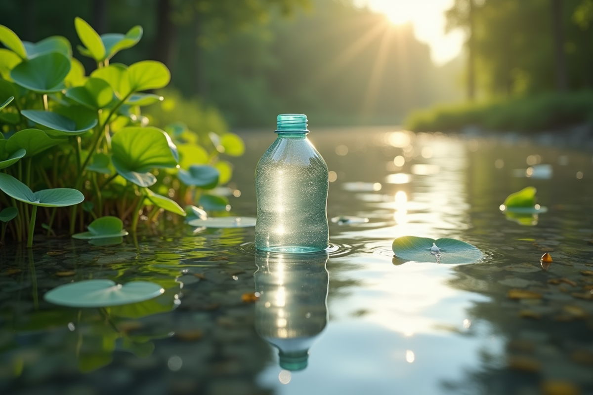 Bouteille plastique flottant parmi plantes aquatiques