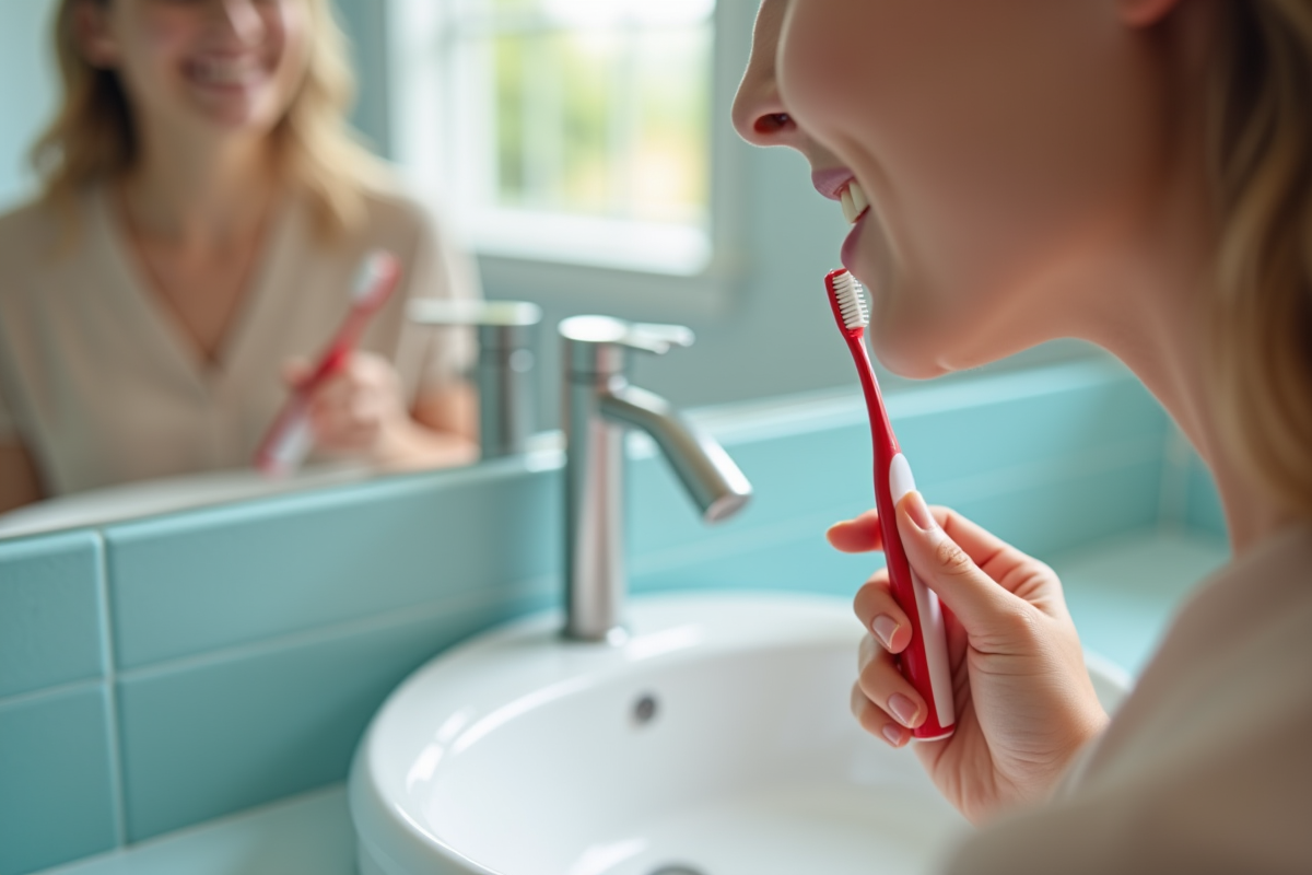 Personne se brossant les dents dans une salle de bain moderne