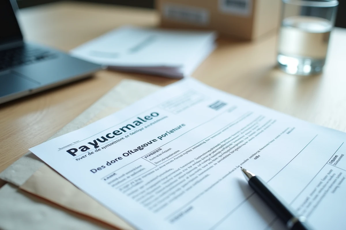 Bureau administratif organisé avec formulaires CPAM, enveloppes timbrées et étiquette d'adresse