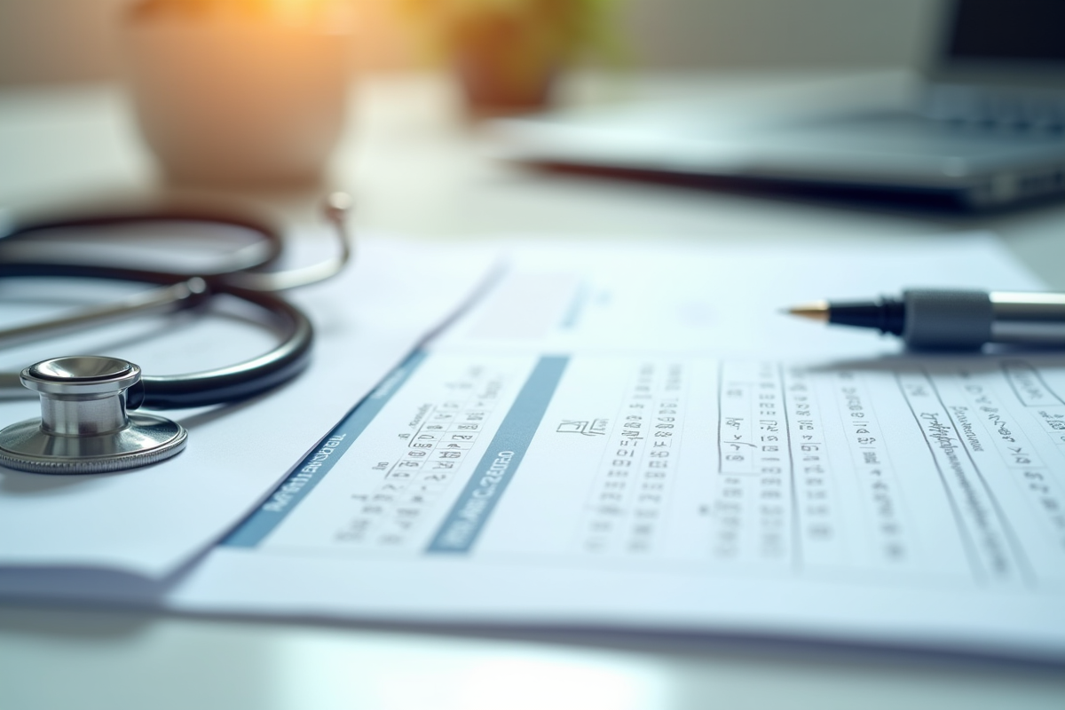 Espace de travail avec stethoscope et fiche de salaire sur un bureau propre