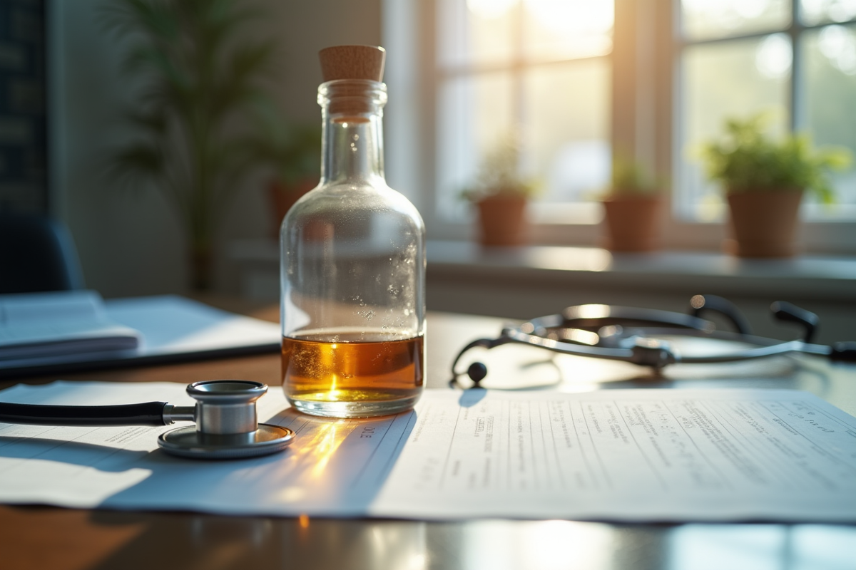 Table de médecin avec stéthoscope et verre de whisky