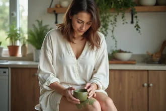Femme appliquant un cataplasme d'argile verte sur le genou pour soulager la douleur articulaire