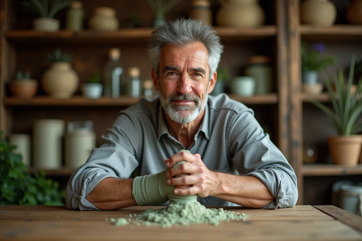 Cataplasme d'argile verte appliqué sur le poignet d'un homme pour soulager l'arthrite