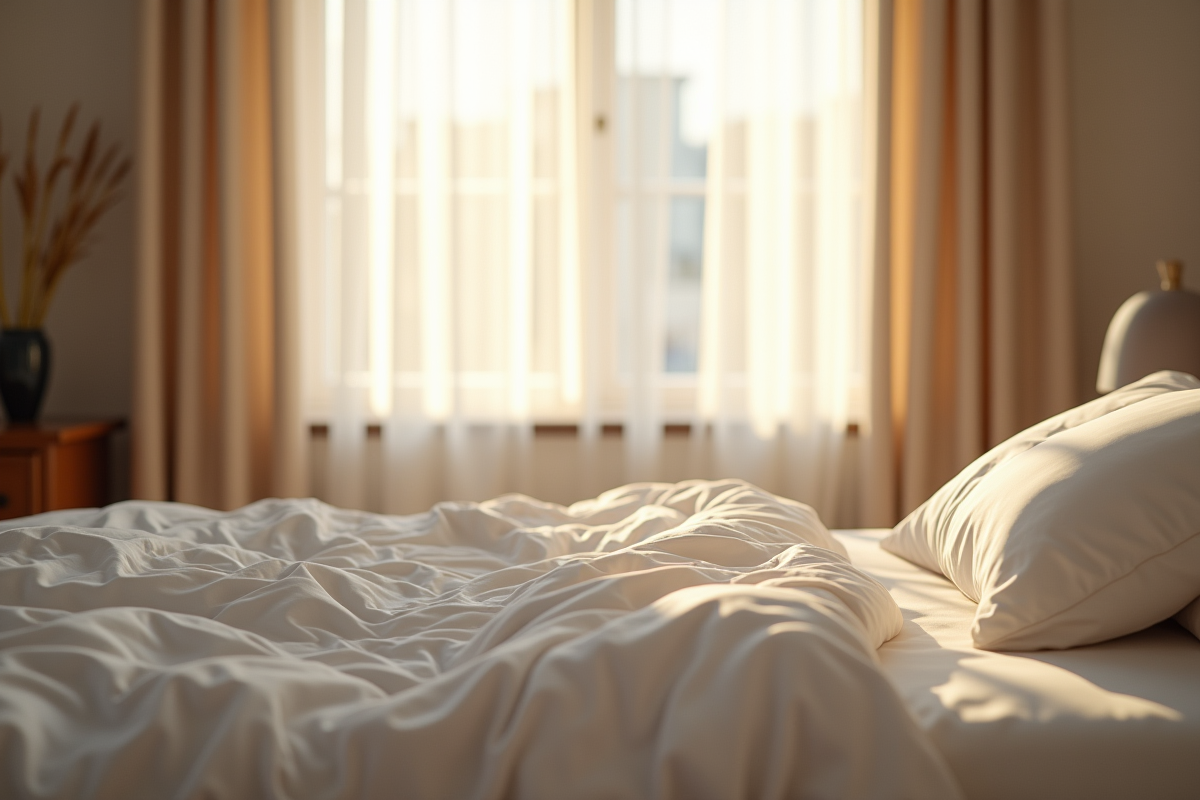 Chambre accueillante au matin avec lumière douce et lit en désordre