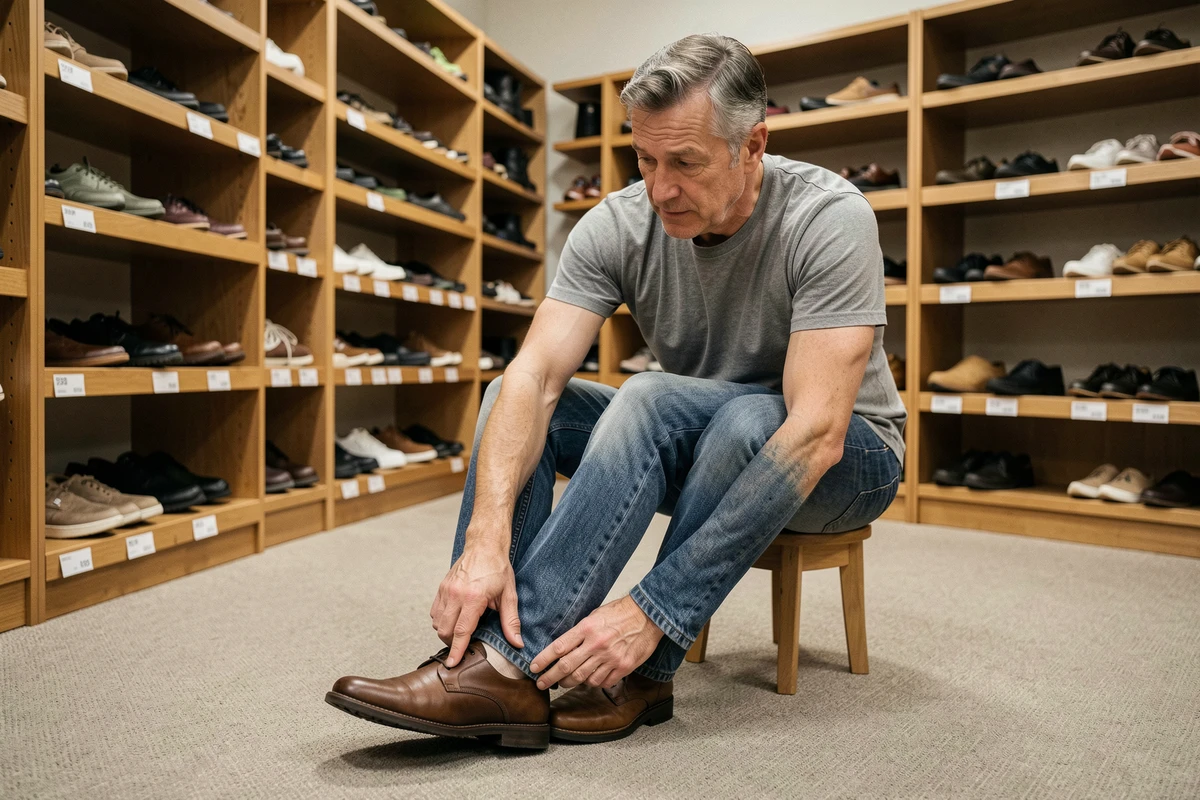 Homme essayant une chaussure orthopédique confortable en magasin spécialisé pour soulager les brûlures plantaires