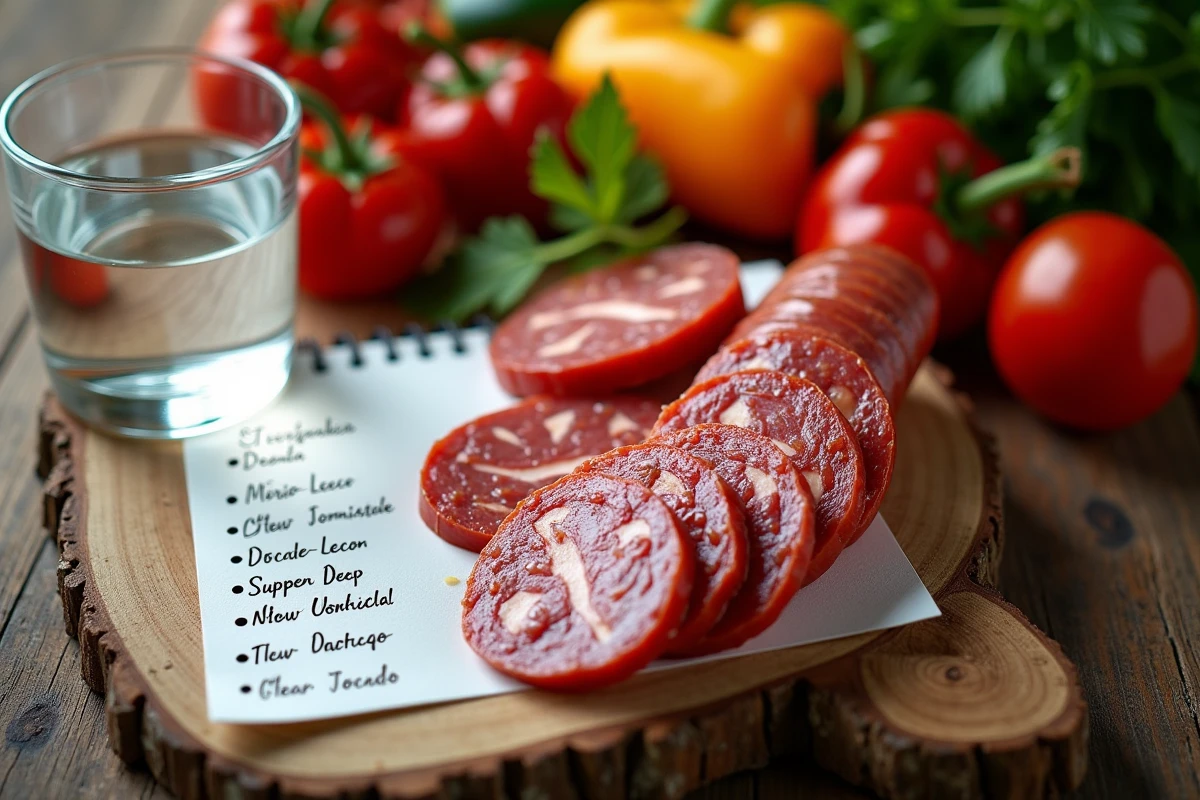 Vue de dessus d'un plateau avec du chorizo tranché, des légumes frais et des notes diététiques pour femme enceinte sur une table en bois
