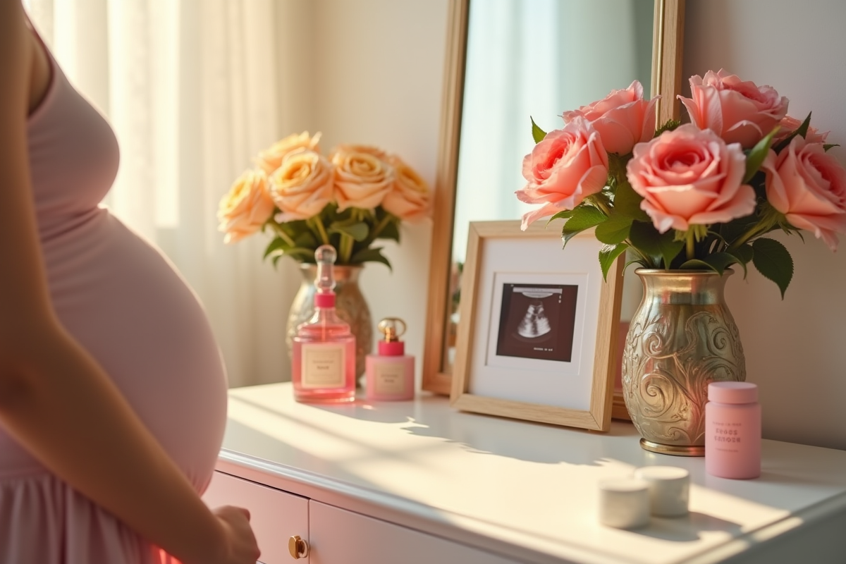 Coiffeuse avec parfums de maternité et photo de bebe