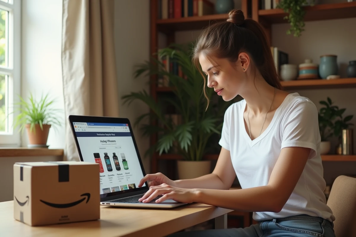 Femme commandant des compléments alimentaires Lulutox sur Amazon depuis son ordinateur à domicile