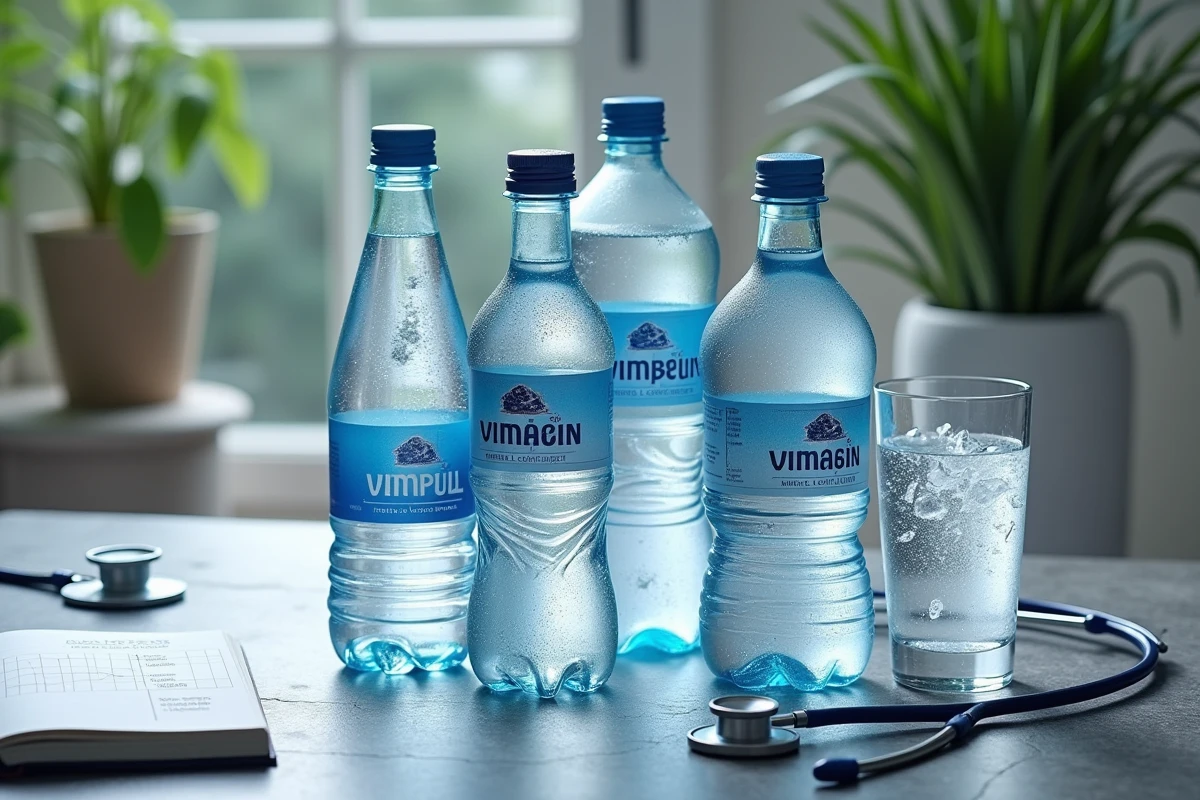 Comparaison de bouteilles d'eau minérale sur une table avec tableau des minéraux pour choisir la meilleure eau pour la santé rénale et cardiovasculaire