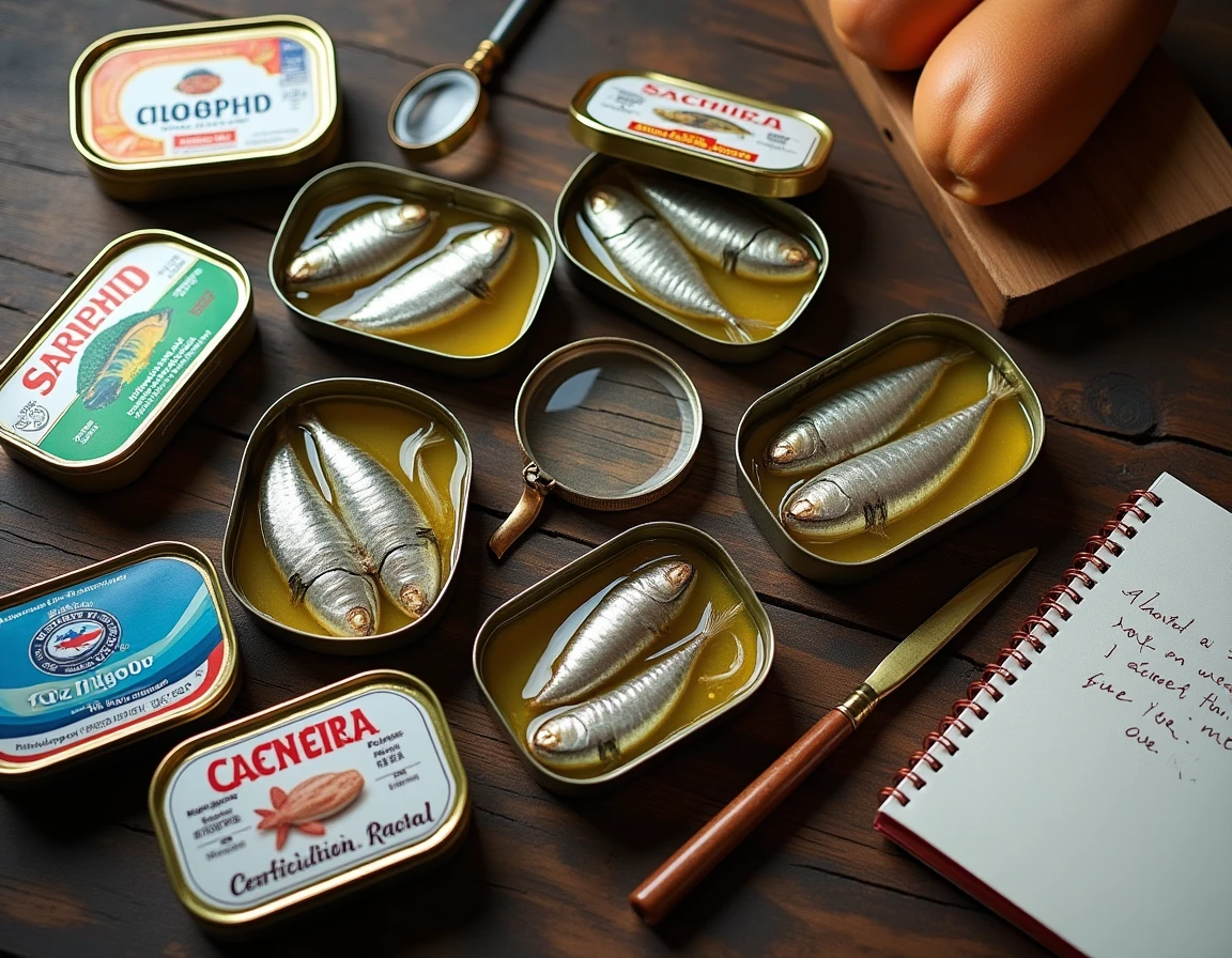 Comparaison de plusieurs boîtes de sardines en conserve avec étiquettes et labels bio ou MSC visibles sur une table en bois