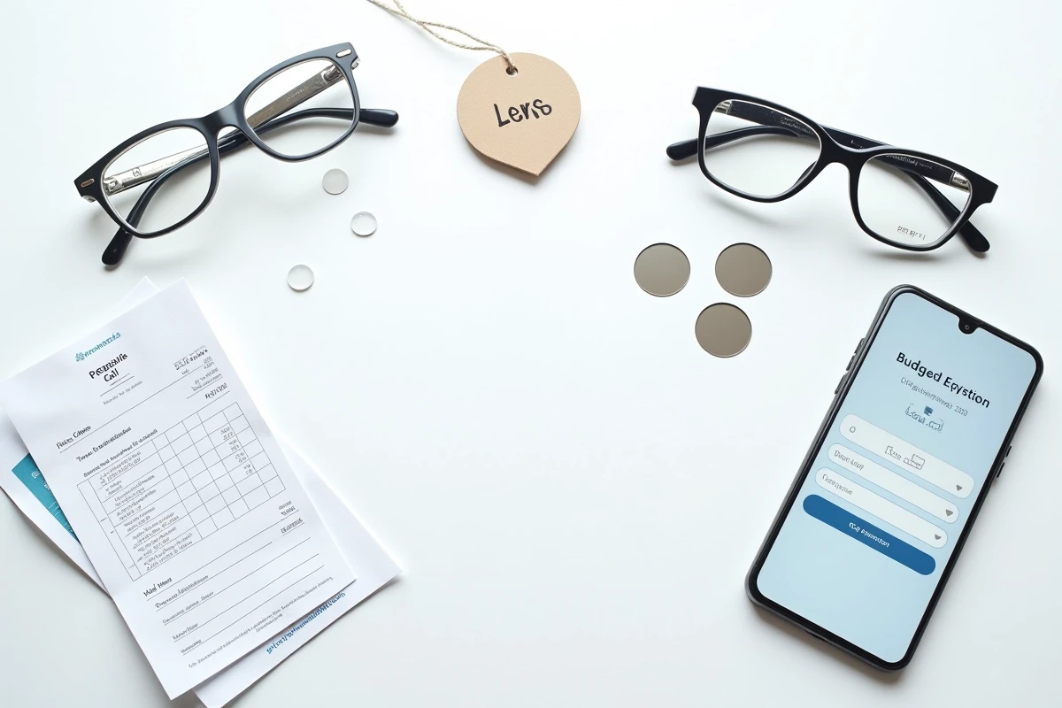 Vue de dessus d'une sélection de lunettes avec verres d'épaisseurs variées, ordonnance et calculette de budget
