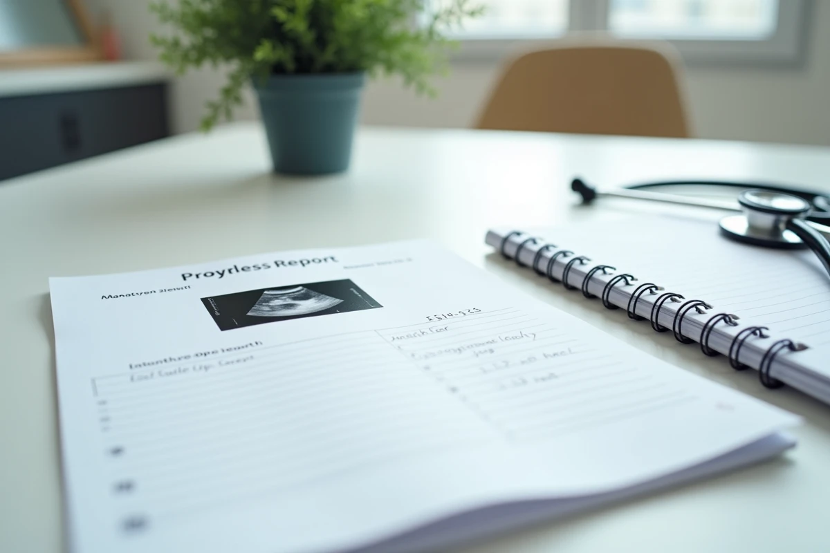 Compte-rendu d'échographie avec mesures du sac gestationnel à 5 semaines posé sur un bureau médical
