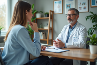 Femme en consultation avec allergologue dans un cabinet professionnel