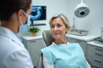 Femme d'âge mûr en consultation dentaire discutant des alternatives à l'implant dentaire avec son dentiste