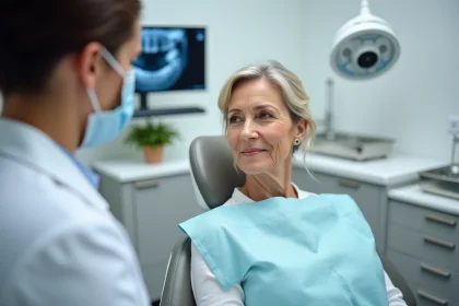 Femme d'âge mûr en consultation dentaire discutant des alternatives à l'implant dentaire avec son dentiste
