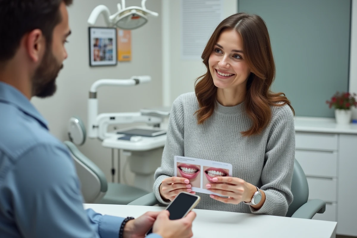 Patiente comparant une photo Instagram de sourire et un résultat réel imprimé lors d'une consultation dentaire The Smilist, mettant en lumière la différence entre marketing visuel et vérité clinique