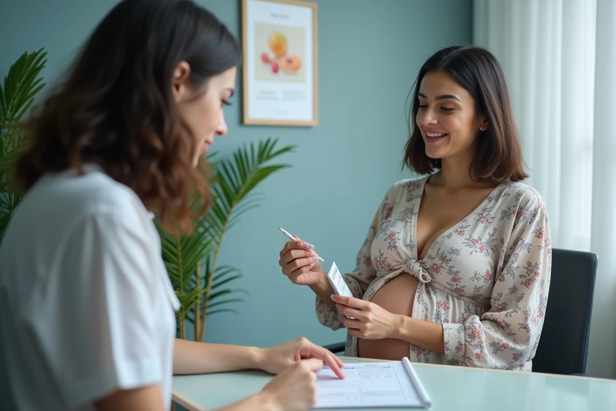 Femme enceinte en consultation avec une nutritionniste discutant des aliments à risque comme le chorizo pendant la grossesse