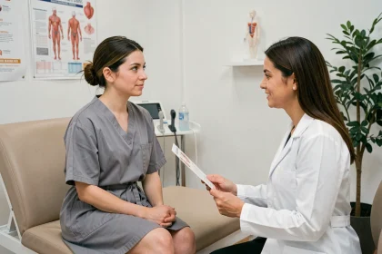 Femme consultant une gynécologue dans un cabinet médical moderne pour des informations sur le retrait de stérilet