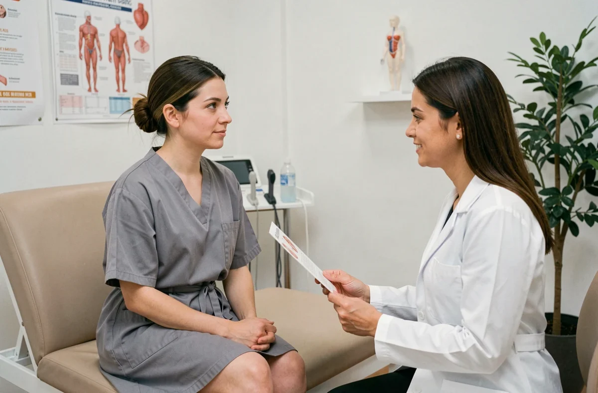 Femme consultant une gynécologue dans un cabinet médical moderne pour des informations sur le retrait de stérilet