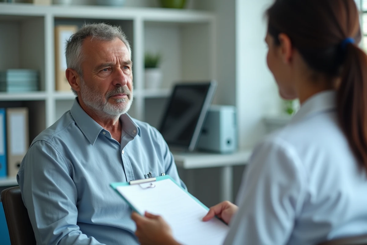 Patient fatigué et amaigri en consultation médicale avec un médecin, évoquant le diagnostic de maladies causant douleurs musculaires et perte de poids