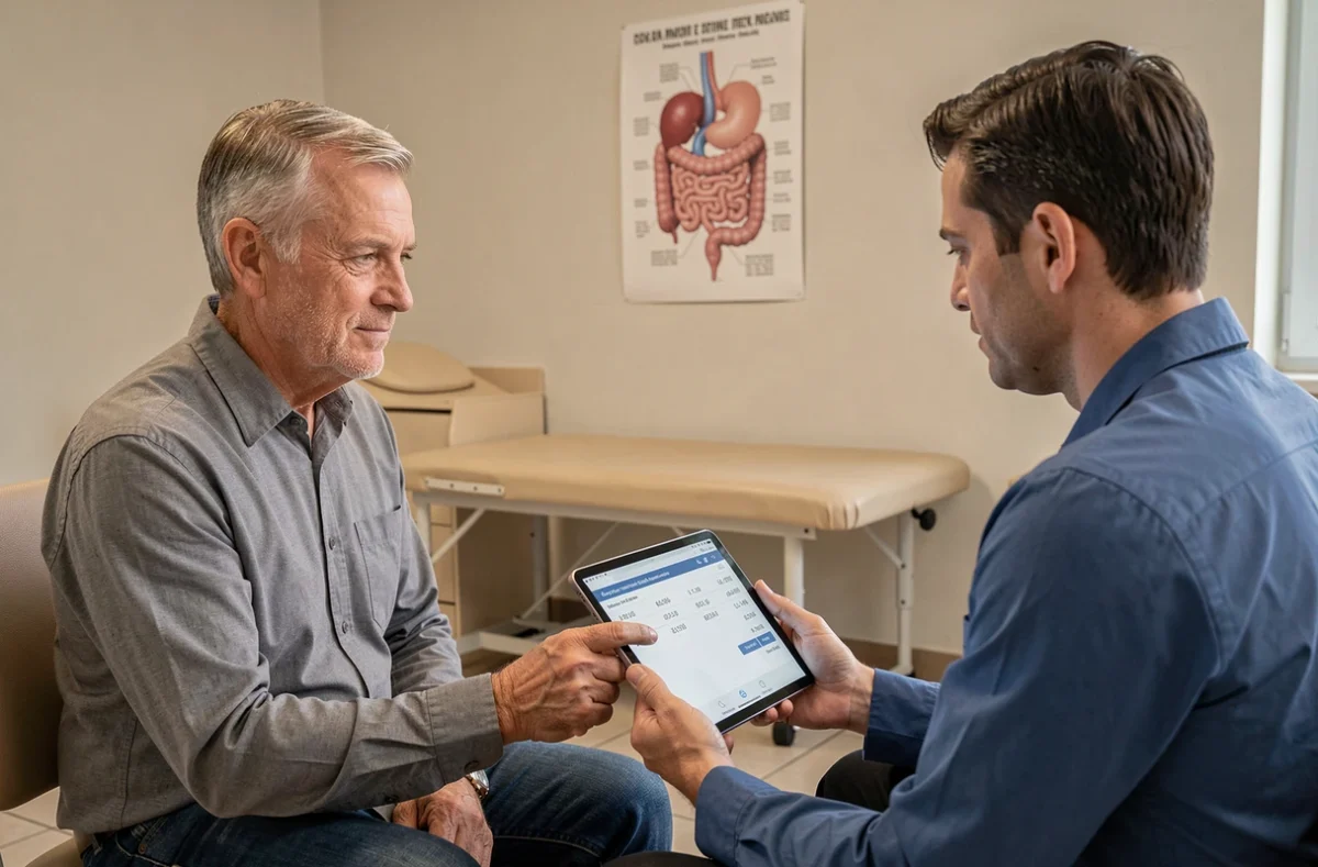 Patient senior en consultation médicale discutant des résultats du marqueur CA 19-9 avec son médecin