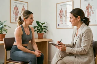 Consultation bien-être et gestion du poids dans une clinique parisienne moderne, femme et praticienne en discussion