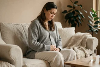 Femme en convalescence après salpingectomie assise sur un canapé, main posée sur l'abdomen, expression de douleur persistante
