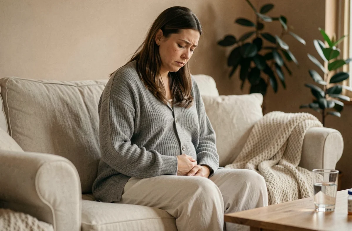 Femme en convalescence après salpingectomie assise sur un canapé, main posée sur l'abdomen, expression de douleur persistante