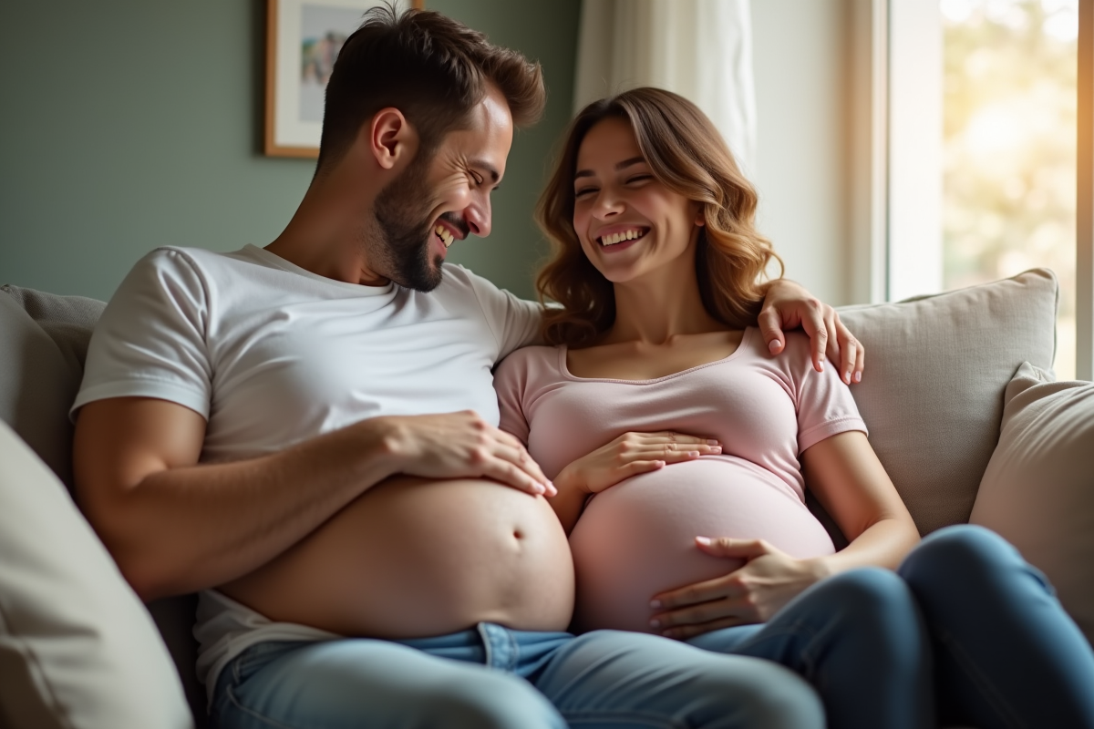 Couple souriant avec main sur ventre de grossesse dans un salon