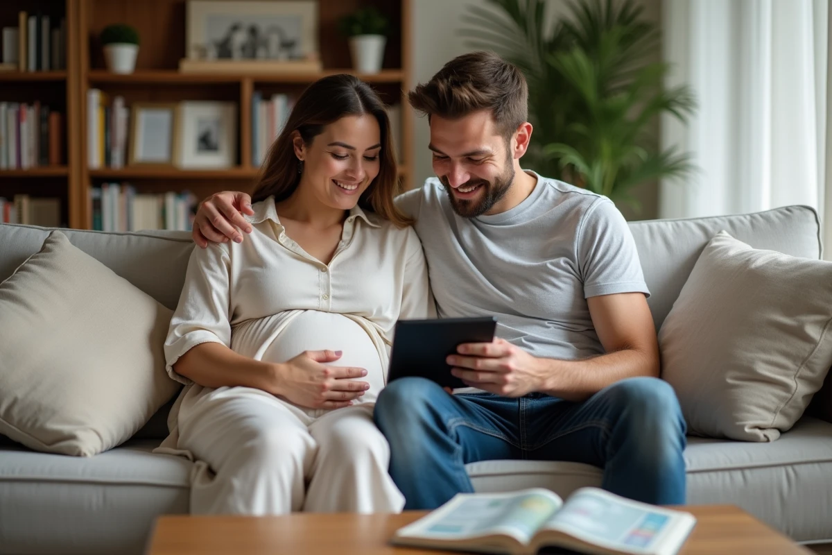 Couple enceinte utilisant une tablette dans le salon