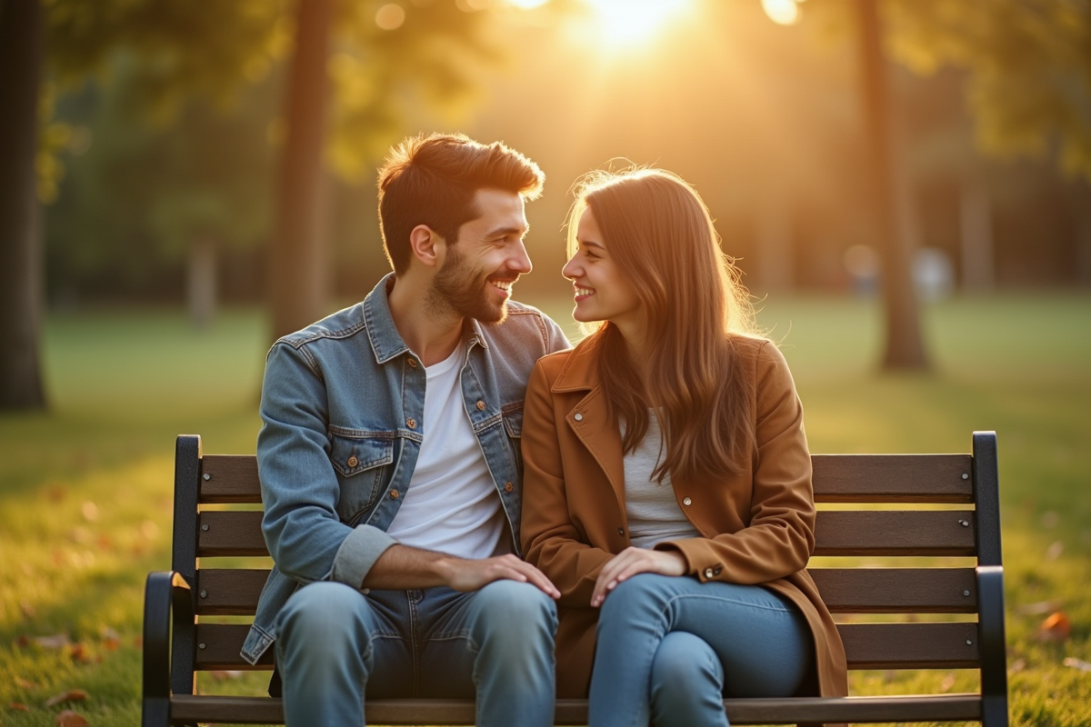 Jeune couple assis sur un banc dans un parc ensoleille avec sourires