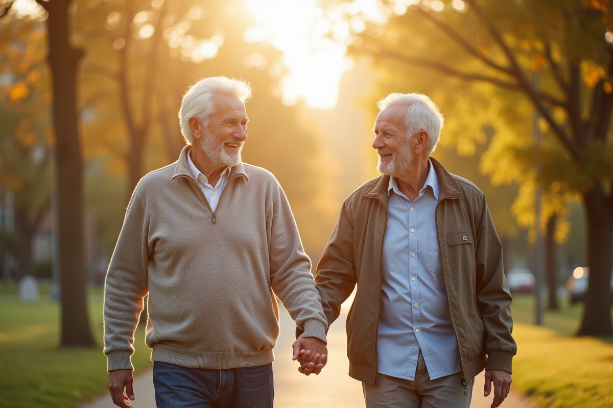 Couple senior heureux se promenant dans un parc ensoleille