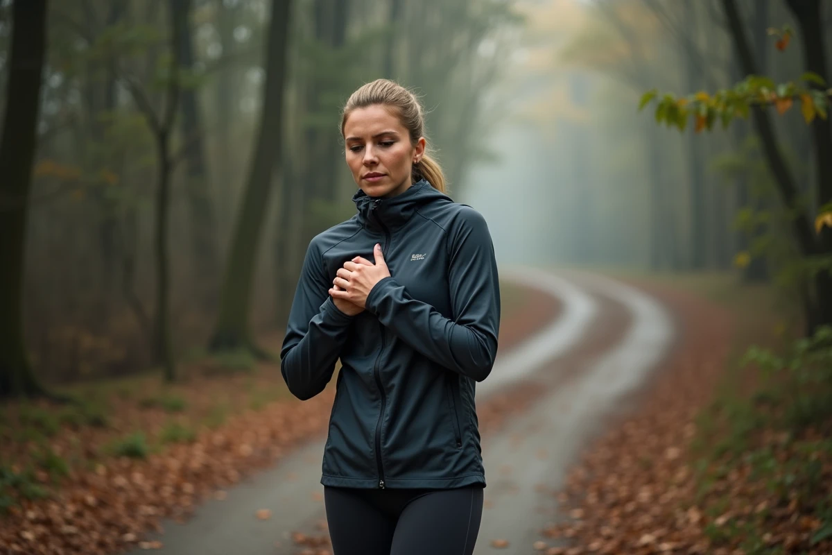 Coureuse s'arrêtant sur un sentier forestier en tenant sa poitrine, évoquant la fatigue extrême et les risques de faux positifs aux D-dimères après un effort intense